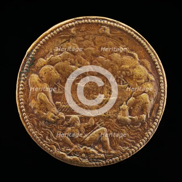 Neptune on a Dolphin before a Harbor [reverse], 1552 or after. Creator: Pietro Paolo Galeotti.