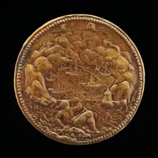 Neptune on a Dolphin before a Harbor [reverse], 1552 or after. Creator: Pietro Paolo Galeotti
