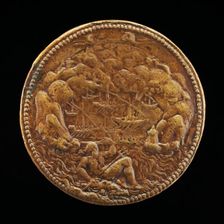 Neptune on a Dolphin before a Harbor [reverse], 1552 or after. Creator: Pietro Paolo Galeotti