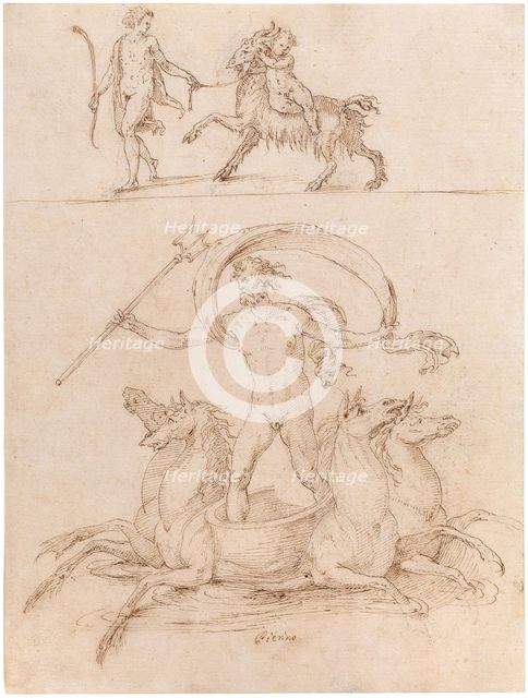 Neptune riding his chariot the infant-god Zeus riding the Goat Amalthea. Creator: Perino del Vaga (1501-1547).