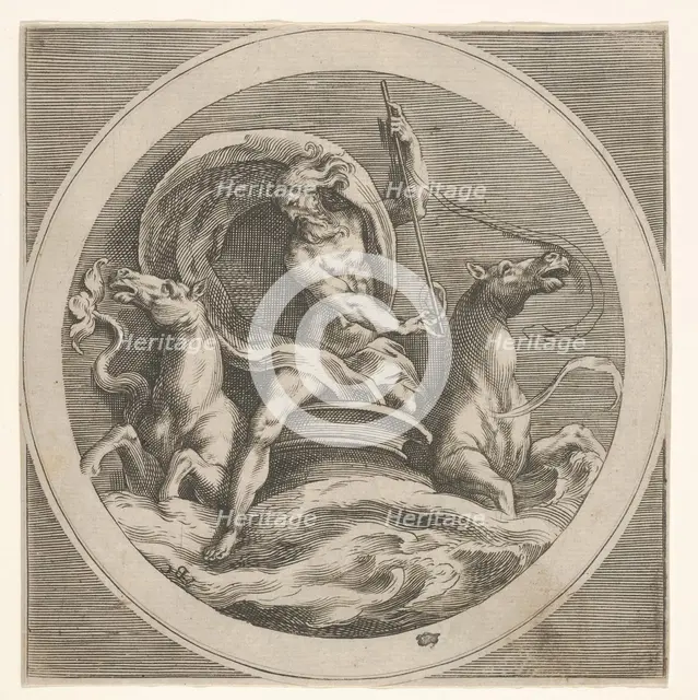 Neptune rising from the sea and bearing a staff, accompanied by two horse-headed ..., ca. 1550-1600. Creator: Unknown.