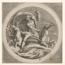 Neptune rising from the sea and bearing a staff, accompanied by two horse-headed ..., ca. 1550-1600. Creator: Unknown