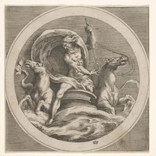 Neptune rising from the sea and bearing a staff, accompanied by two horse-headed ..., ca. 1550-1600. Creator: Unknown