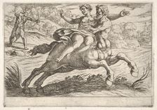 Nessus attempting to take Dejanira from Hercules: Nessus restrains Dejanira on his back wh..., 1608. Creator: Antonio Tempesta