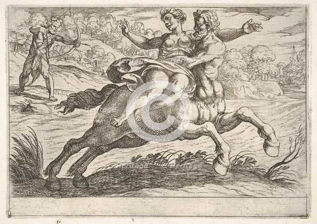 Nessus attempting to take Dejanira from Hercules: Nessus restrains Dejanira on his back wh..., 1608. Creator: Antonio Tempesta.