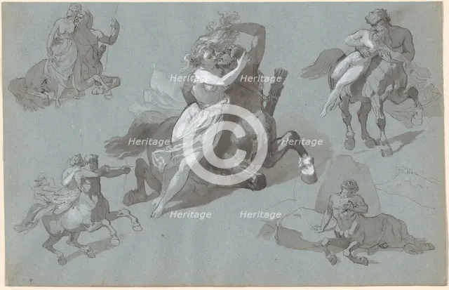 Nessus and Dejanira in Four Poses, and the Dying Nessus, 1830s. Creator: Hippolyte Lalaisse.
