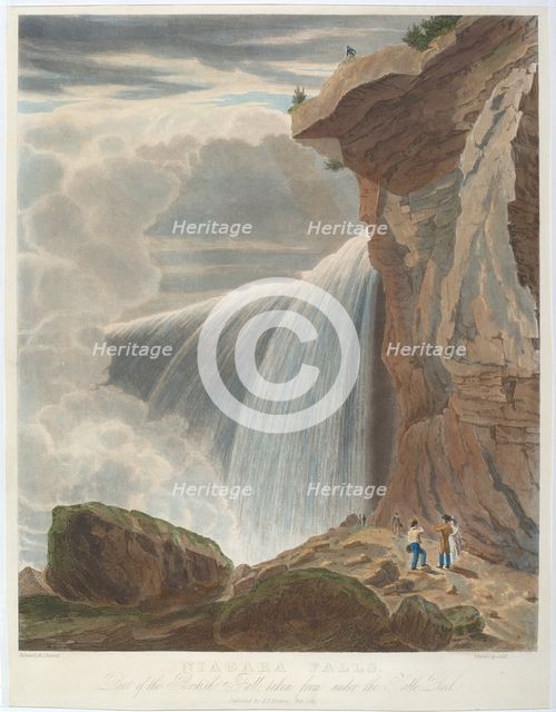 Niagara Falls from Under Table Rock, 1829. Creator: William James Bennett.