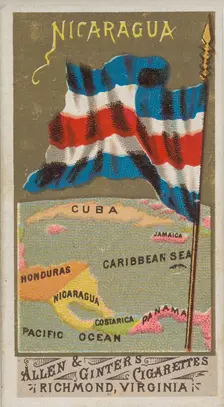 Nicaragua, from Flags of All Nations, Series 1 (N9) for Allen & Ginter Cigarettes Brands, 1887. Creator: Allen & Ginter