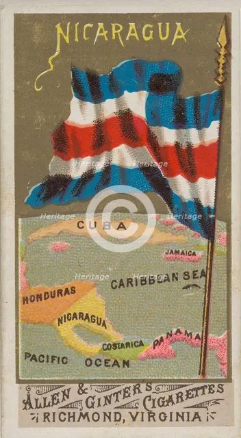 Nicaragua, from Flags of All Nations, Series 1 (N9) for Allen & Ginter Cigarettes Brands, 1887. Creator: Allen & Ginter.
