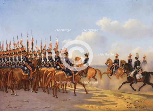 Nicholas I and his entourage reviewing the Life Guards Lancer (Ulansky) His Majesty's Regiment, 1846