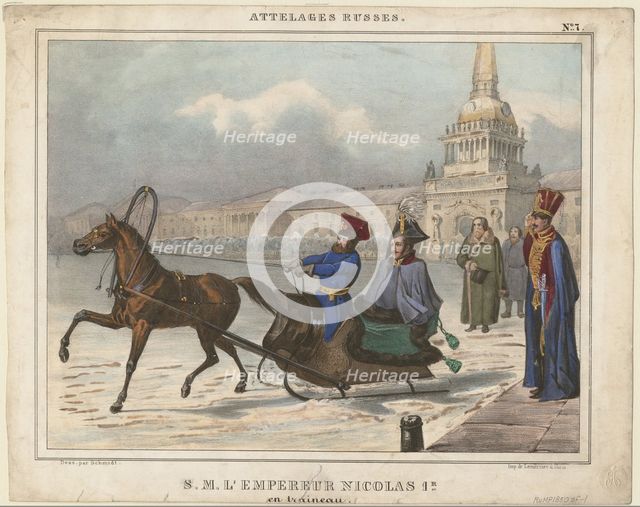 Nicholas I of Russia in a sleigh, 1850. Artist: Anonymous  