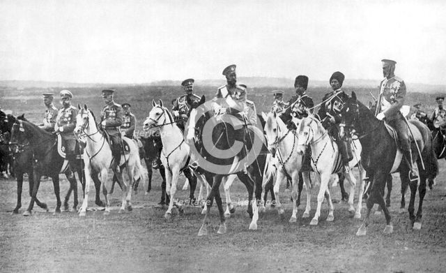 Nicholas II and supporting officers on horseback, c1900. Artist: Unknown