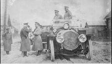 Nicholas II of Russia, Grand Duke Nicholas Nikolaevich and General Count Georgi Bobrinsky at the fro Artist: Anonymous
