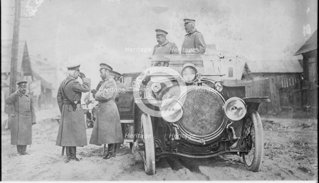 Nicholas II of Russia, Grand Duke Nicholas Nikolaevich and General Count Georgi Bobrinsky at the fro Artist: Anonymous  