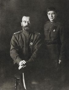 Nicholas II, Tsar of Russia and his son, Alexei, in military uniform, 1915