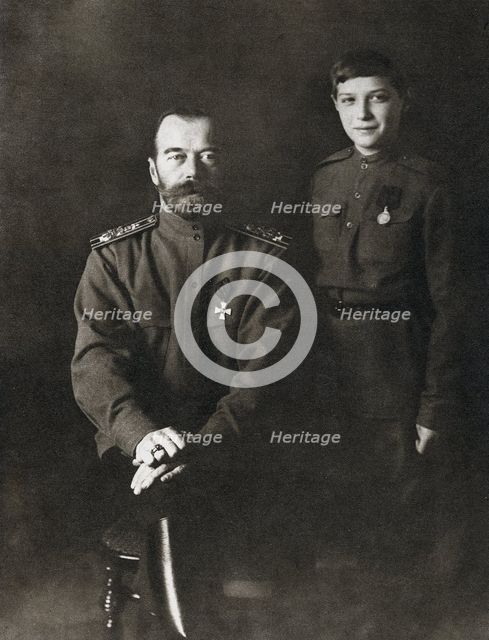 Nicholas II, Tsar of Russia and his son, Alexei, in military uniform, 1915. Artist: Unknown