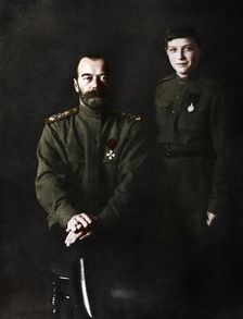 Nicholas II, Tsar of Russia and his son, Alexei, in military uniform, 1915