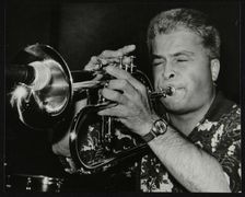 Nick Hill playing the flugelhorn at The Fairway, Welwyn Garden City, Hertfordshire, 1991. Artist: Denis Williams