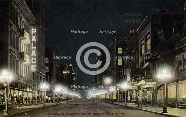 Nicollet Avenue at night, Minneapolis, Minnesota, USA, 1915. Artist: Unknown
