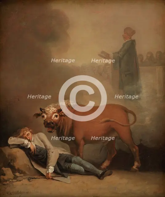 Niels Klim thinks he hears the Deacon when he is awakened by a Bull, 1785-1787. Creator: Nicolai Abraham Abildgaard.
