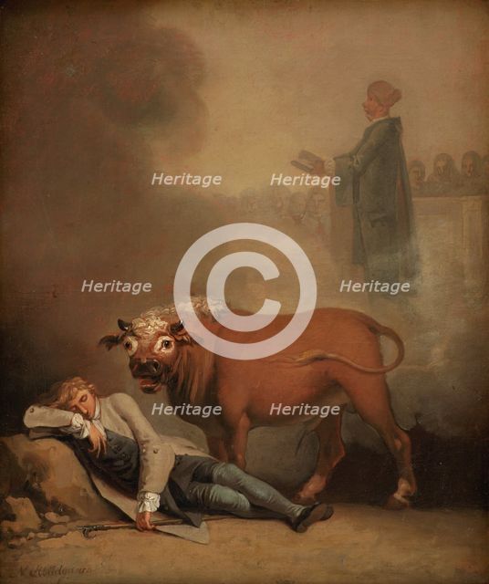 Niels Klim thinks he hears the Deacon when he is awakened by a Bull, 1785-1787. Creator: Nicolai Abraham Abildgaard.