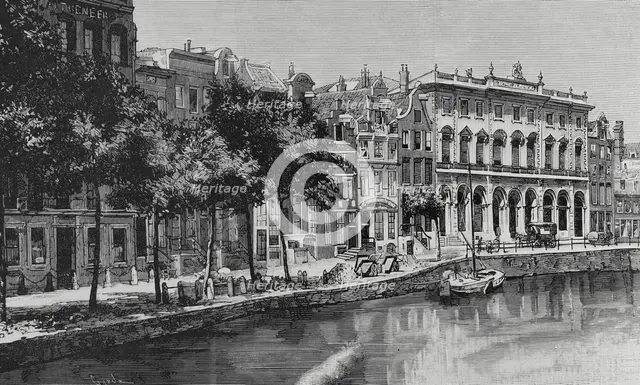 Nieuwezijds Voorburgwal street and canal with the Royal Post Office, Amsterdam, Netherlands, 1883.  Creator: Tomás Carlos Capuz.