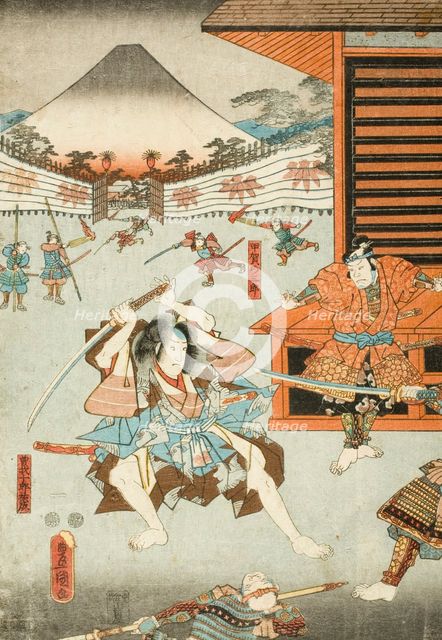 Night Attack of the Soga Brothers: Soga no Juro Sukenari and Koga no Saburo, c1850. Creator: Utagawa Kunisada.