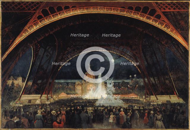 Night fete at the Universal Exhibition of 1889, under the Eiffel Tower, c1889. Creator: Alexandre-Georges Roux.