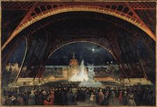 Night fete at the Universal Exhibition of 1889, under the Eiffel Tower, c1889. Creator: Alexandre-Georges Roux
