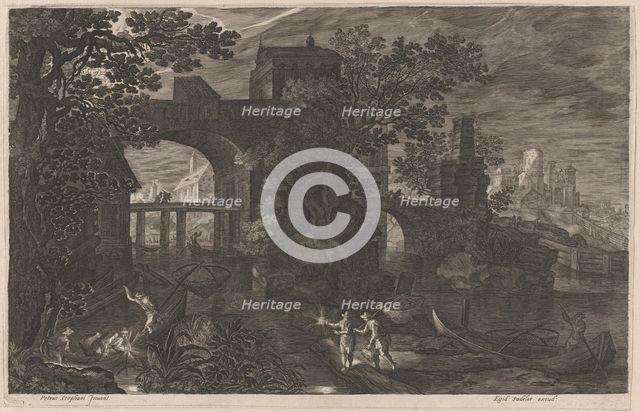 Night Fishing near Fortified Bridges, 1600/1615. Creators: Aegidius Sadeler II, Pieter Stevens.