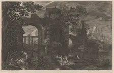 Night Fishing near Fortified Bridges, 1600/1615. Creators: Aegidius Sadeler II, Pieter Stevens