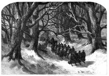 Night march at Christmastide of the Rifle Volunteers - drawn by Harrison Weir, 1st Surrey..., 1860. Creator: J Greenaway