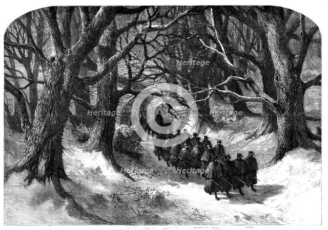Night march at Christmastide of the Rifle Volunteers - drawn by Harrison Weir, 1st Surrey..., 1860. Creator: J Greenaway.