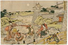 Night Scene, Act 3 from the series Treasury of the Forty-Seven Loyal Retainers (Kanadehon... c1803. Creator: Hokusai