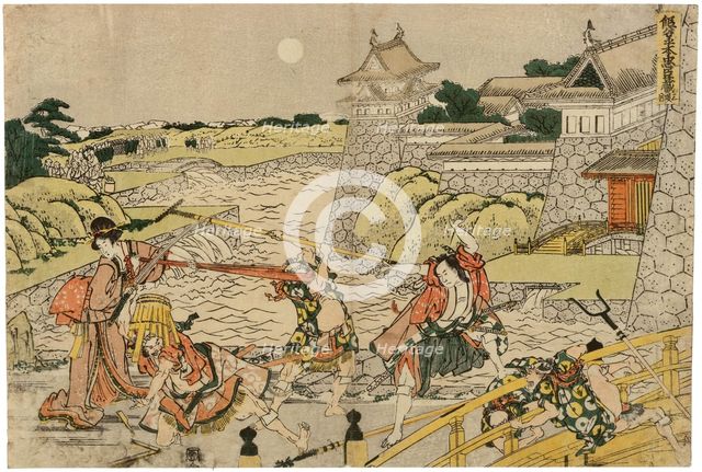 Night Scene, Act 3 from the series Treasury of the Forty-Seven Loyal Retainers (Kanadehon... c1803. Creator: Hokusai.