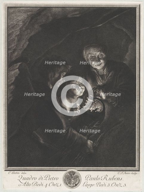 Night scene in a cave with an old woman holding burning coals in a pot, a boy blowi..., ca. 1750-57. Creators: Christian Friedrich Boëtius, Charles Hutin.