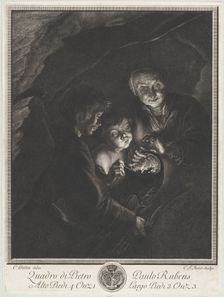 Night scene in a cave with an old woman holding burning coals in a pot, a boy blowi..., ca. 1750-57. Creators: Christian Friedrich Boëtius, Charles Hutin