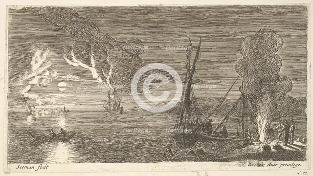 Night Scene with Fisherman Standing by a Fire, 17th century. Creator: Reinier Zeeman.