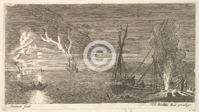 Night Scene with Fisherman Standing by a Fire, 17th century. Creator: Reinier Zeeman.