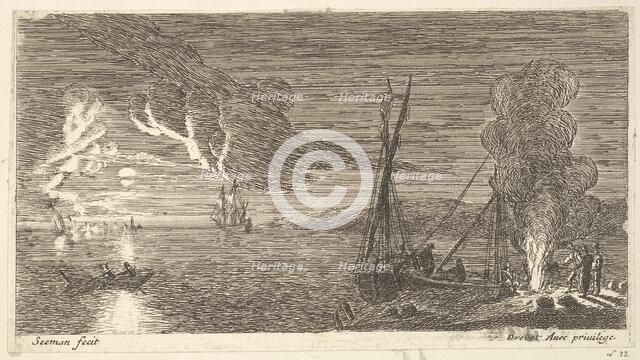 Night Scene with Fisherman Standing by a Fire, 17th century. Creator: Reinier Zeeman.