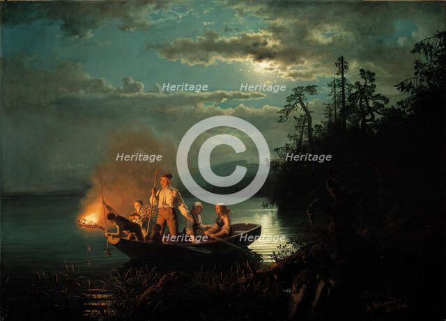 Night spear fishing on the Krøderen Lake. Artist: Gude, Hans (1825-1903)