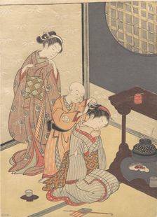 Night Rain at the Double-Shelf Stand, from the series Eight Parlor Views ..., ca. late 18th century. Creator: Suzuki Harunobu