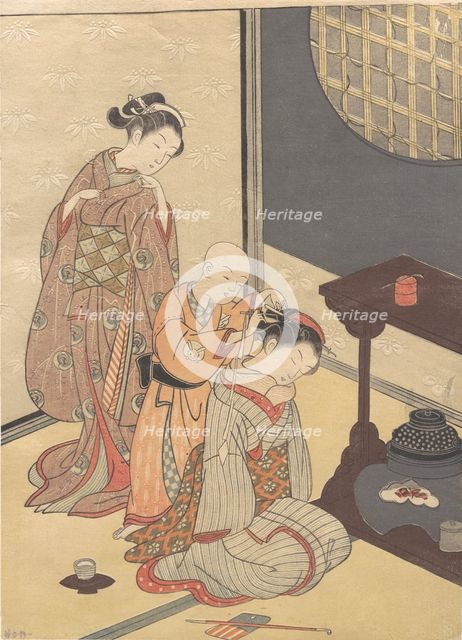 Night Rain at the Double-Shelf Stand, from the series Eight Parlor Views ..., ca. late 18th century. Creator: Suzuki Harunobu.