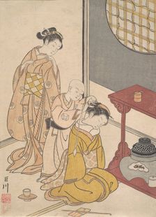 Night Rain at the Double-Shelf Stand, from the series Eight Parlor Views (Zashiki hakk..., ca. 1766. Creator: Suzuki Harunobu