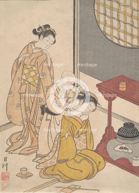 Night Rain at the Double-Shelf Stand, from the series Eight Parlor Views (Zashiki hakk..., ca. 1766. Creator: Suzuki Harunobu.