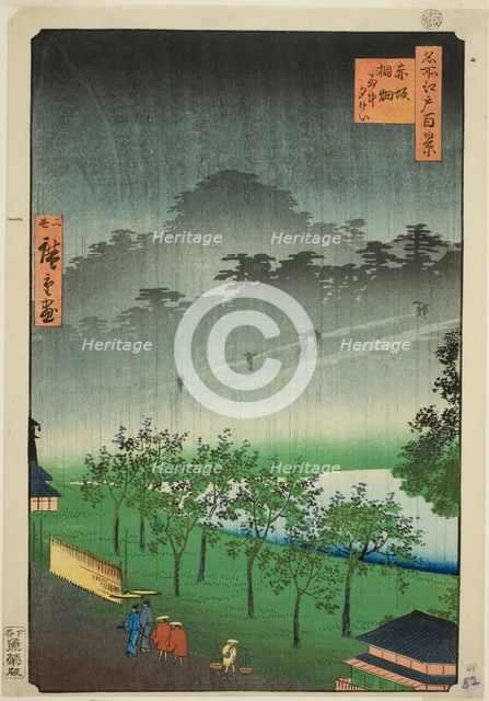 Night Rain at the Paulownia Grove at Akasaka (Akasaka Kiribatake uchu yukei), from the ser..., 1859. Creator: Utagawa Hiroshige II.
