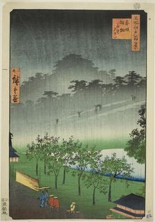 Night Rain at the Paulownia Grove at Akasaka (Akasaka Kiribatake uchu yukei), from the ser..., 1859. Creator: Utagawa Hiroshige II