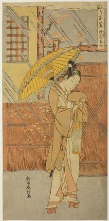 Night Rain of Genjo (Genjo no yau), from the series "Parodies of Eight Scenes from Noh..., c. 1767. Creator: Suzuki Harunobu