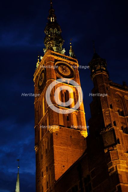 Night view, Tower, Town Hall, Gdansk, Poland, 14th century (2015). Creator: Unknown.
