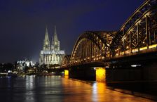 Night view of the Hohenzollern Bridge over the Rhine, Cologne, Germany, 2018. Creator: LTL